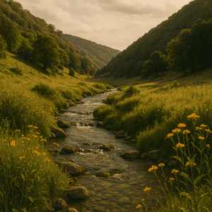 Still waters flowing through a quiet valley with wildflowers and sunligh