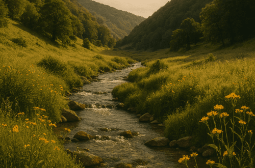 Still waters flowing through a quiet valley with wildflowers and sunligh