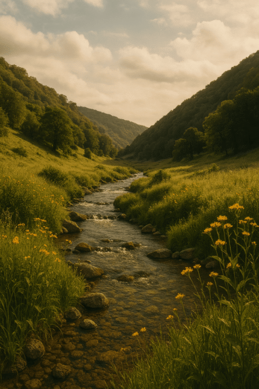 Still waters flowing through a quiet valley with wildflowers and sunligh